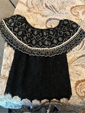 Hemant & Nandita Black Eyelet Embroidered Off-the-Shoulder Top | Size Small